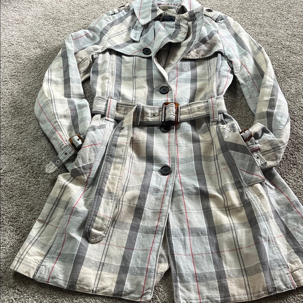 Classic Barbour Pastel Plaid sz4 Cotton Linen Tortoiseshell Hardware Trench EUC - Picture 14 of 16